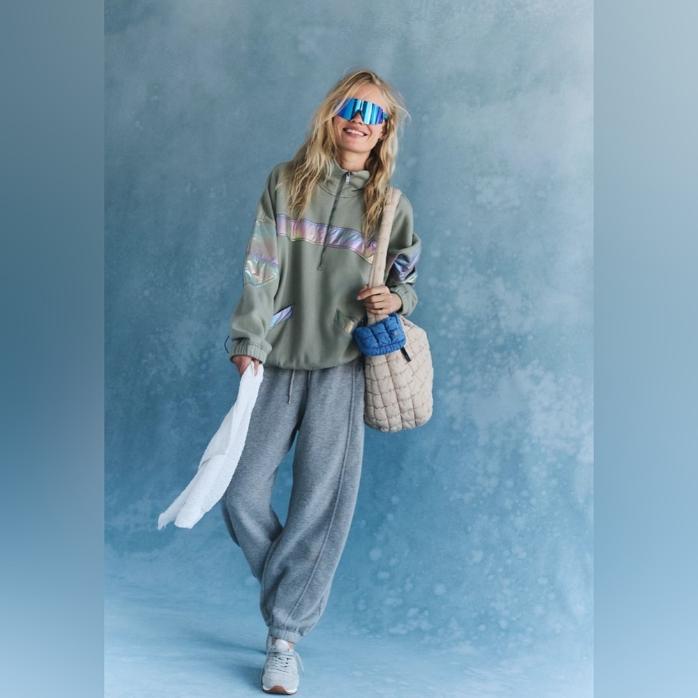 Free People Movement Away We Go Half Zip Cozy Pullover in Sage Stone, NWT